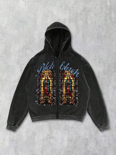 Street Life Men's Black Snowflake Washed Hoodie Sweatshirt With Religious Virgin Mary Graphic, Autumn/Winter