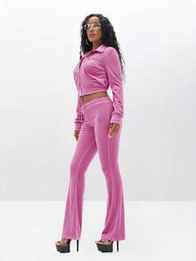 BABYPHAT Low Rise Velour Sweatpants With Rhinestone Embellishments For Women Comfortable Lounge Pants With Drawstring Waist And Flare Leg - Pink - View 8