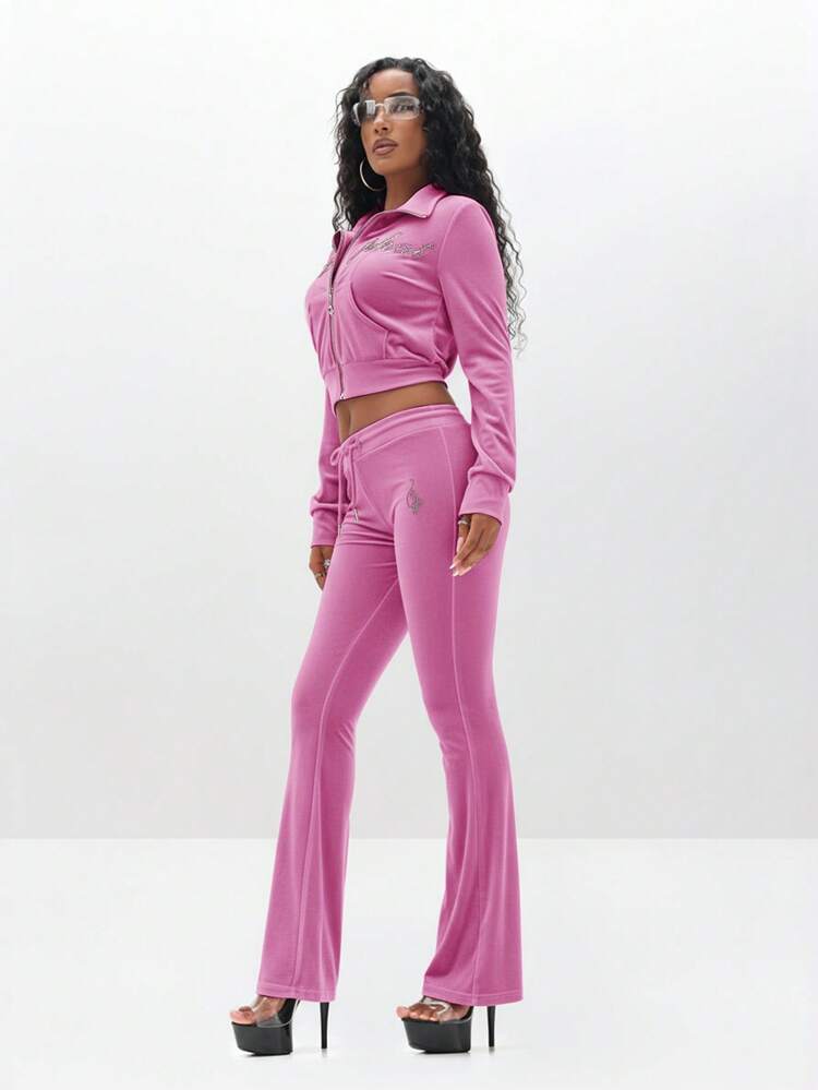 BABYPHAT Low Rise Velour Sweatpants With Rhinestone Embellishments For Women Comfortable Lounge Pants With Drawstring Waist And Flare Leg