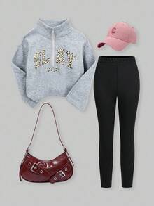 SHEIN Explorewe Ensemble coordonné pour jeunes filles avec sweat-shirt à capuche zippé "Chillgrl" et pantalon skinny, sweat-shirt en polaire ample avec imprimé léopard et lettres, leggings ajustés, tenue de rue décontractée - Gris - Voir 1
