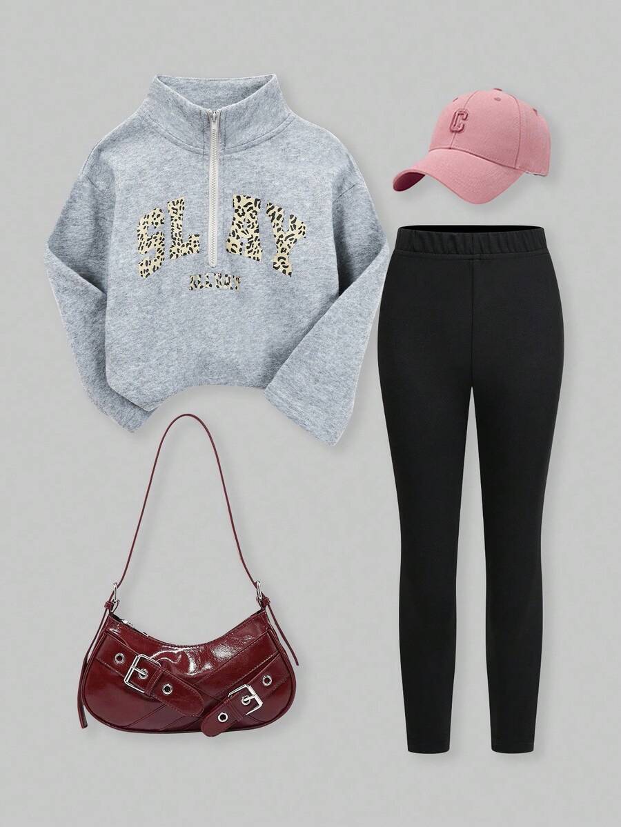 SHEIN Explorewe Ensemble coordonné pour jeunes filles avec sweat-shirt à capuche zippé "Chillgrl" et pantalon skinny, sweat-shirt en polaire ample avec imprimé léopard et lettres, leggings ajustés, tenue de rue décontractée - Gris - Voir 1
