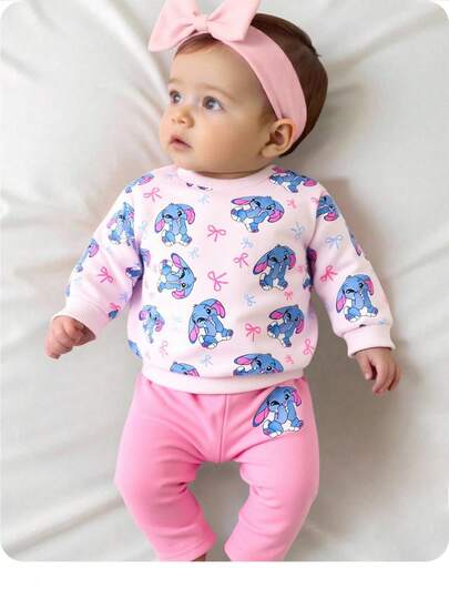 Newborn Baby Girl Casual Cute Cartoon Pattern Knit Long Sleeve Sweatshirt & Elastic Waist Pants Set