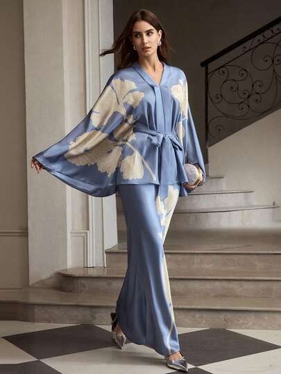 ZEYLAH Women's Elegant Digital Print Loose V-Neck Blouse