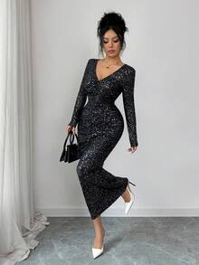 Elenzga Women's Elegant Black Sequin V-Neck Ruched Fitted Midi Dress,Polka Dot Knit Stretchy Fabric,Autumn Day Party Chic Design,Flattering Silhouette - Black - View 2