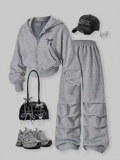 SHEIN ChillGRL Casuvi 儿童女童两件套：拉链连帽休闲运动衫夹克和阔腿降落伞裤，适合春秋季休闲、运动、度假、返校