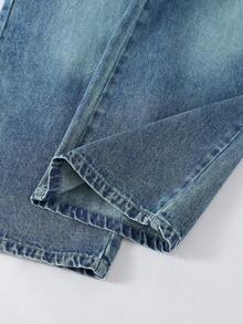 Vacaura 青少年男孩复古中度洗水蓝色牛仔裤，猫须做旧宽松直筒版型，面料柔软舒适，百搭，大童休闲裤 - 中等水洗藍 - 查看 5