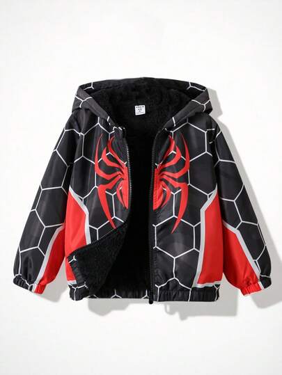 SHEIN Fantacosmos Ung pojke Street Style spindelnät och spindeltryck Fluffig termofodrad huva tjock jacka, lämplig för kalla höst-/vintersäsonger