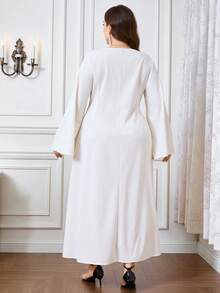 Modelyn Plus Size Women Elegant Jacquard Square Neck Flare Sleeve Dress - Apricot - View 2