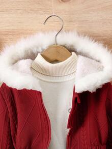 SHEIN 少女休闲百搭多功能保暖毛领中长连帽针织外套，适合上学和日常穿着，秋冬季 - 紅色 - 查看 5