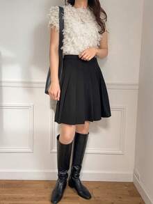 FRIFUL Women's Black A-Line Pleated Midi Skirt, Academic Style, Summer Clothing - Black - View 2