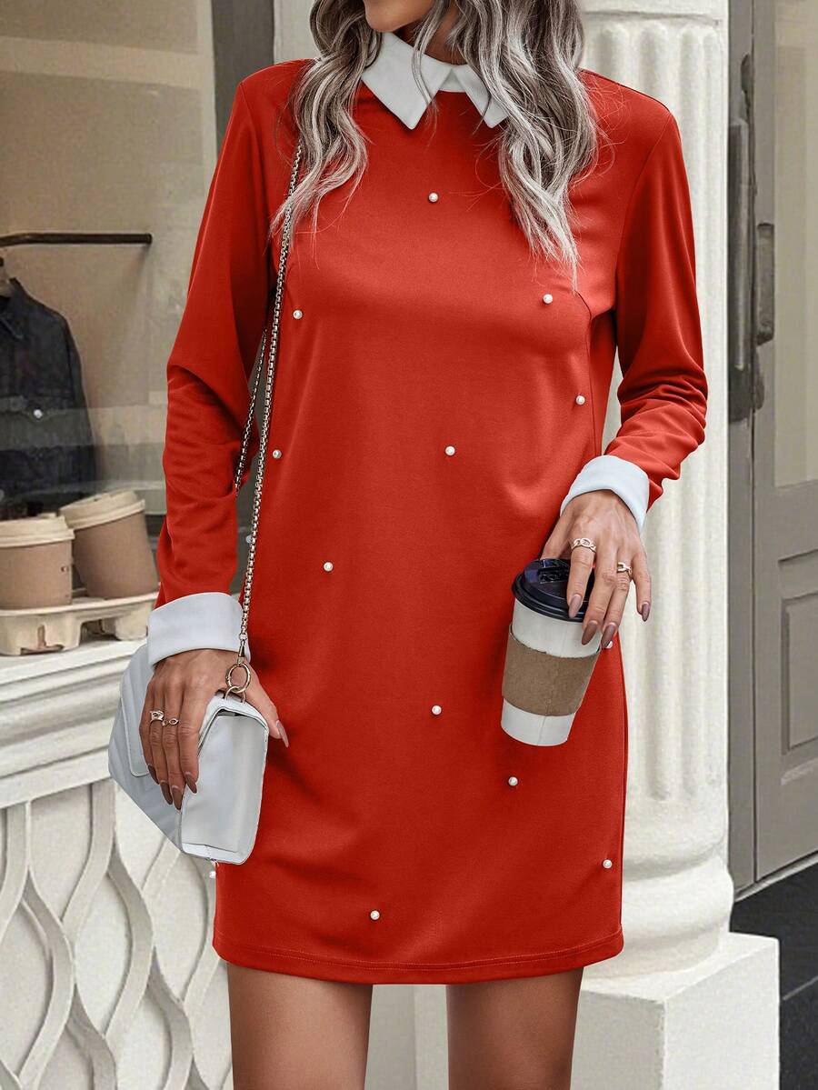 SHEIN Clasi 撞色长袖串珠优雅宽领拼接连衣裙 - 紅色 - 查看 1