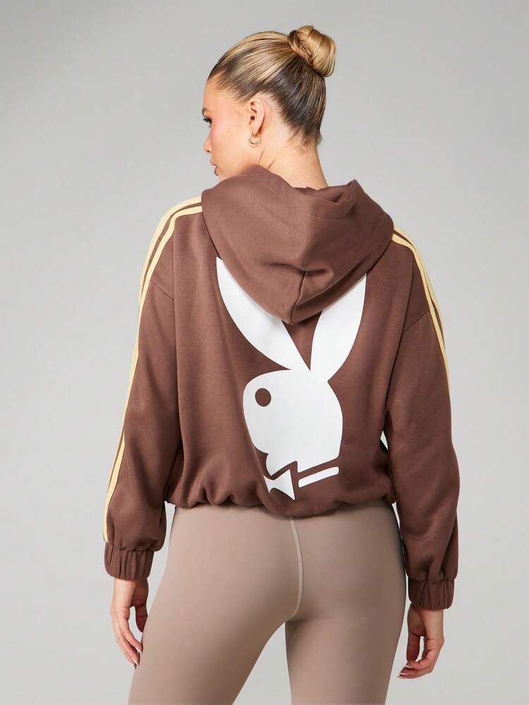 Missguided x Playboy Oversized Zip Up Hooded Sweatshirt With Side Stripe Detail And Centre Pocket For Casual Fall Winter Comfort