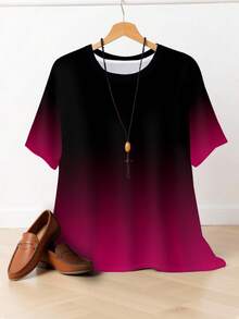 SHEIN Große Größen Elegantes Farbverlauf-Muster T-Shirt für Damen - weich, kurzärmliger Rundhalsausschnitt, Farbverlauf von Rot zu Schwarz, Sommer Lässig Wear, vielseitiges T-Shirt, Farbverlauf-Design, bequem