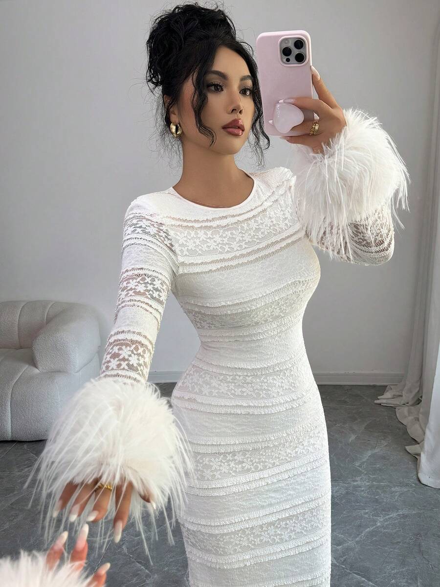 Modelyn Elegante vestido largo de cuello redondo con ribete de piel de imitación beige para mujer, para invierno - Albaricoque - Ver 1