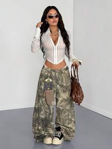 StreetHx Streetwear Women's Casual White Long Sleeve Striped Textured Fabric Shirt Top - White - View 4