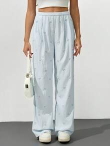 SHEIN Tall New Navy Blue Bow Embroidered Woven Trousers Back To School Outfits Women Y2k - Blue - View 3