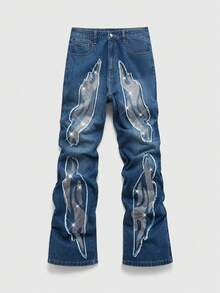 ROMWE MEN Street Life Men's Rhinestone Flame Embroidered Patch Pocket Denim Jeans - Blue - View 6