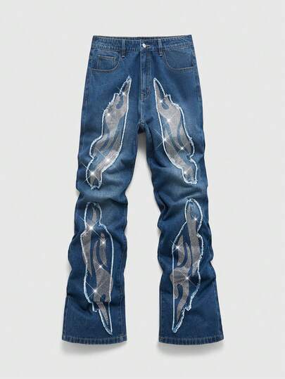 Jeans en denim avec poche avec patch brodé de flamme avec strass pour hommes