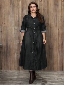 EMERY ROSE 大码女士优雅系带牛仔连衣裙