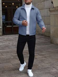 Manfinity CasualCool Áo khoác nam dài tay, màu trơn, vai thường, có khóa kéo, kiểu dáng thường ngày, áo khoác thể thao nam màu xanh nhạt, áo khoác nam có khóa kéo, áo khoác mùa hè cho nam. - Màu xanh bụi bặm - Xem 5
