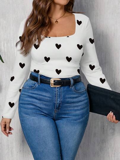 EMERY ROSE Valentine's Day Casual Heart Print Loose Fit Scoop Neck T-Shirt For Plus Size Women Cute Long Sleeve Top Cute Top Cute Women Tops Bodysuits For Women Long Sleeve Date Night Tops Women/ Date Night Tops Women Top,Flower/Spring/Summer/Vacation