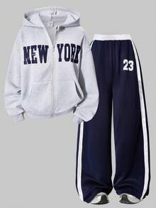 SHEIN ChillGRL 少女拉链连帽衫、吊带背心和阔腿裤休闲套装，适合日常穿着、通勤和上学。