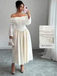 Modelyn Váy chữ A hở vai phối ren màu mơ cỡ lớn thanh lịch dành cho nữ - Màu be - Xem 6