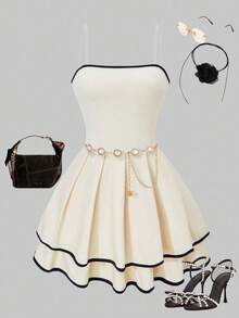 SHEIN ChillGRL 少女优雅舒适的露肩褶皱紧身连衣裙，适合春夏季聚会和派对 - 杏色 - 查看 9