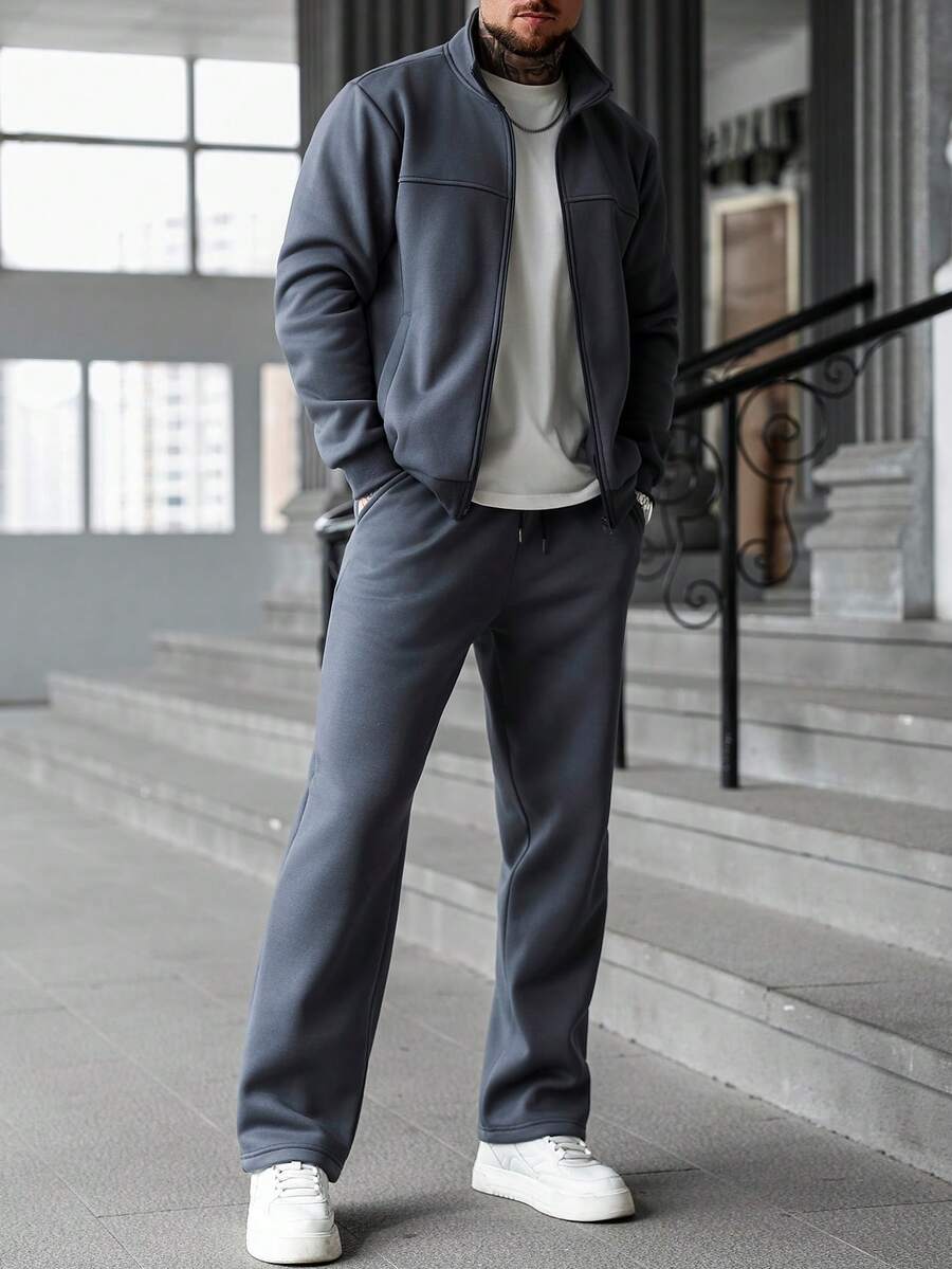 Manfinity CasualCool 男士纯色拉链前开襟夹克和抽绳腰带裤休闲套装