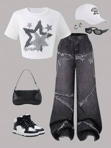 SHEIN ChillGRL 2 件/套街头时尚女孩套装：修身短款图案星星针织上衣 + 牛仔印花宽腿宽松裤 - 灰色 - 查看 8