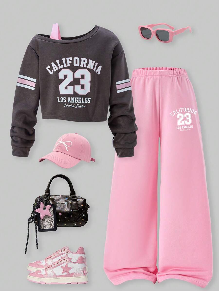 SHEIN ChillGRL 2 件套 Tween Girls ME 宽松设计斜肩撞色印花长袖上衣和阔腿裤套装,适合日常休闲、通勤、度假、聚会、街头风格、秋冬 - 粉色 - 查看 1