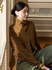 Dazy-Less Bộ 2 áo len cardigan dệt kim dài tay màu trơn và áo len cổ lọ không tay cho nữ, mùa thu/đông - Cà phê nâu - Xem 6