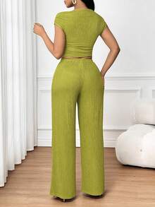 SHEIN Lady Women's Solid Color Ruched Asymmetric Neck Top And Wide Leg Pants Fashion 2-Piece Set Pants Two Piece Set Green Two Piece Set Ribbed Two Piece Set Lime Green Two Piece Comfortable Two Piece Set - Green - View 2