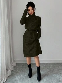SHEIN Elenzya 女士纯色系带口袋优雅毛衣连衣裙 - 軍綠色 - 查看 3