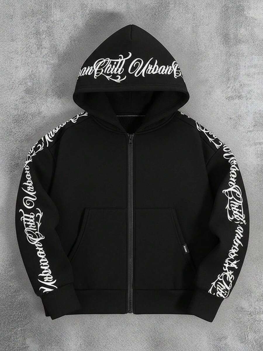 SHEIN 青少年男童灰色简约宽松手写字母花卉图案卫衣，休闲舒适，百搭，面料柔软，适合上学、通勤、户外活动以及秋冬季穿着。 - 黑色 - 查看 1