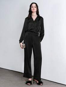 Lumivelle Women's Fashion Contrast Trim Lapel Long Sleeve Top + Casual Elastic Waist Contrast Trim Wide Leg Pants 2 Pieces Set Satin Shirt Black Blouses Lace Trim Pajama Style - Black - View 6