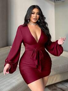 NU&NOW Plus Size Women's Red Pleated Tie-Waist Lantern Sleeve New Year/Valentine's Day Dress - Burgundy - View 2