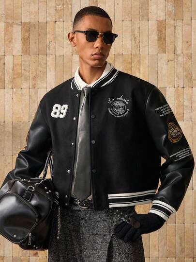 AKNOTIC Chaqueta de béisbol casual de manga larga con bordado numérico y solapa sencilla para hombre