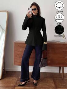 Elyressa Một chiếc áo sơ mi mùa thu giản dị và thanh lịch được dệt bởi một quý cô - màu đen - Xem 7