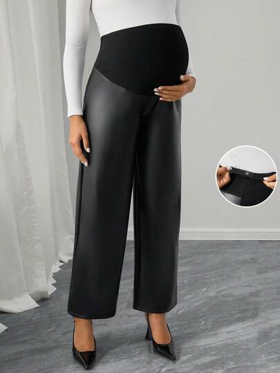 Momance Maternity High Waist Elastic Belly Support PU Leather Straight Leg Pants