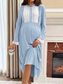 SHEIN Maternity Contrast Color Stand Collar Ruffle Lace Long Sleeve Loose Dress Nursing Dress Pregnant Dress Baby Blue Maternity Dress Maternity Dress Maternity Gown - Baby Blue - View 7