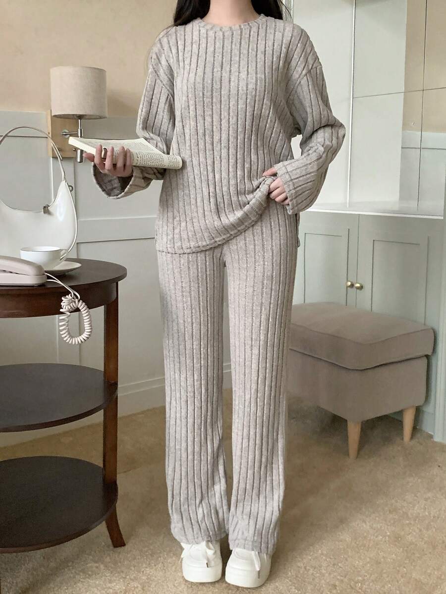 Teenage Girl Knitted Fuzzy Ribbed Crew Neck Long Sleeve T-Shirt And Pants Casual Outfit - Beige - View 1