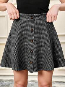 SHEIN Tween Girls' Casual Everyday Vintage Versatile Elegant Houndstooth Button-Up A-Line Skirt, Collegiate Patterned Skirt - Black - View 2