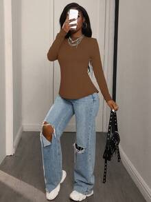 SHEIN LUNE Áo thun nữ cổ tròn tay dài đa năng, thường ngày, mùa thu - Nhiều màu - Xem 6