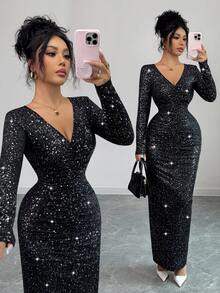 Elenzga Women's Elegant Black Sequin V-Neck Ruched Fitted Midi Dress,Polka Dot Knit Stretchy Fabric,Autumn Day Party Chic Design,Flattering Silhouette - Black - View 1