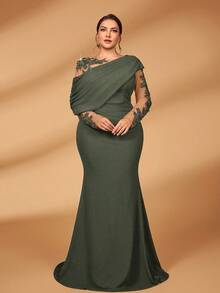 Serin 大码优雅浪漫奢华弹力针织撞色网纱不对称荷叶边修身鱼尾连衣裙，适合晚宴、约会、舞会、度假、婚礼、新娘礼服、母亲礼服、情人节等场合。 - 軍綠色 - 查看 6