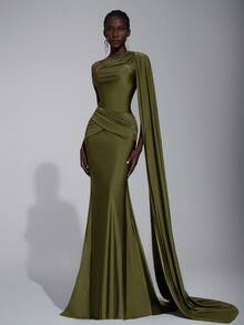 Elitara Elegant Chocolate Brown Knit Asymmetric Half-Exposed Shoulder Mermaid Hem Dress,Handcrafted Pleated Metal Buckle Waist Ruched Gown For Formal Dinner - Olive Green - View 4