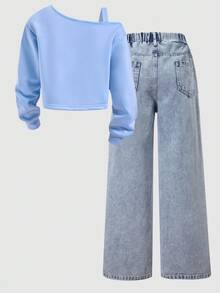 SHEIN ChillGRL 2 件套青少年女孩宽松休闲肩带印花长袖运动衫 + 浅蓝色牛仔裤，适合日常、通勤、休闲、聚会、春夏季 - 藍色 - 查看 2