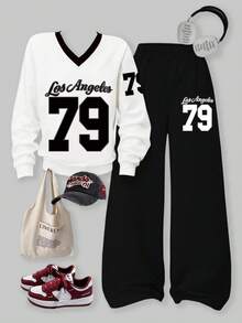 SHEIN ChillGRL 2 件套休闲少女 V 领落肩短袖阔腿裤，数字图案 - 黑與白 - 查看 5
