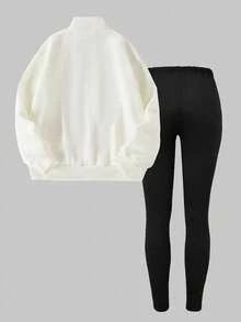 SHEIN ChillGRL 2 件套青少年女孩休闲拉链连帽衫和紧身裤套装，字母印花宽松长袖运动衫和紧身裤，适合春秋季街头服饰